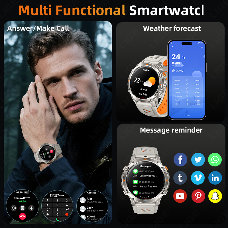 LIGE Jam Tangan Pintar GPS Tan - Smartwatch Watches For Mens ulasan dan harga